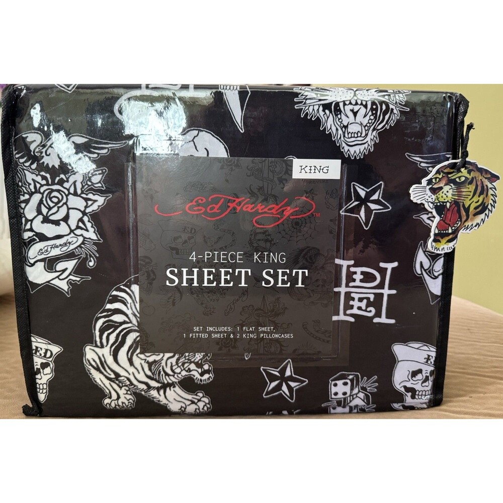 Ed Hardy Tiger Skull Black White 4 Piece King Sheet Set NWT